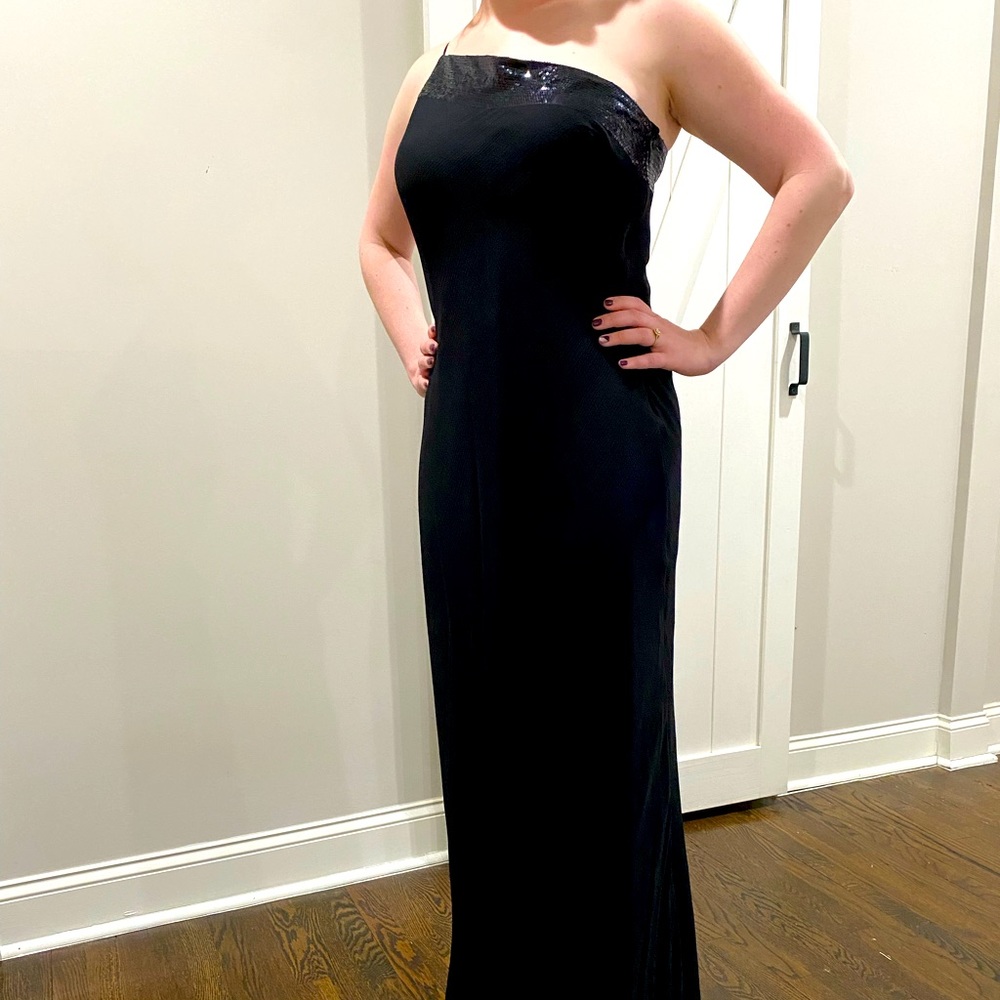Vintage Calvin Klein Black Chiffon Evening Gown with Sequin Detail